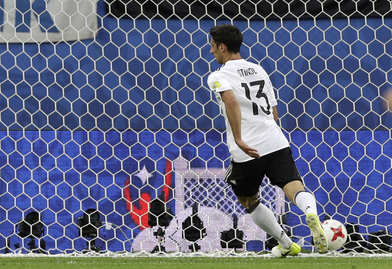 Germany's Lars Stindl scores the opening goal during the Confederations Cup final soccer match between Chile and Germany, at the St.Petersburg Stadium, Russia, Sunday July 2, 2017. (AP Photo/Thanassis Stavrakis)